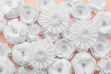 Paper flowers on pink background, top view