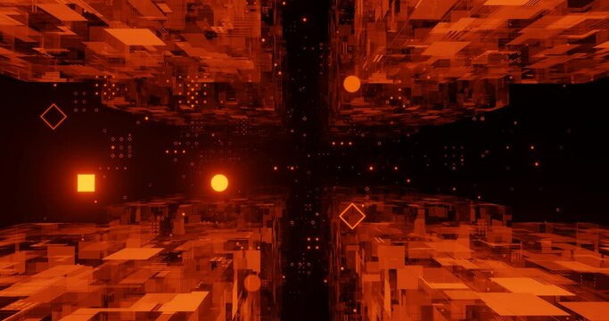 animation with abstract background theme using geometric pattern of lines, dots and polygons using bright orange color, 3d rendering and 4K size