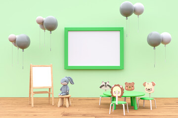 Picture frame mockup in a kids playroom. 3d rendered illustration.