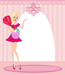 Beautiful sexy smiling maid, cleaning company card