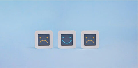 Set of computers with stylized faces of happy and sad faces on lcd display, Customer Experience Concept