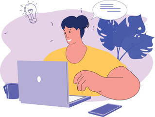 The woman works online. Vector illustration of remote work from home. Organization of a cozy workspace. Comfortable freelance work