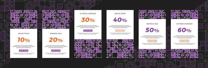 Vertical promotional web banners with trendy minimal geometric pattern. Set of trendy sale and discount promo backgrounds for social media mobile app stories. Simple vector editable background EPS 10