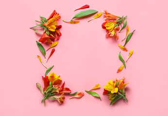 Frame made of beautiful alstroemeria flowers on pink background