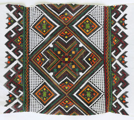 National ornament on Ukrainian embroidery. Ornamentation of old Ukrainian towels and tablecloths, embroidery and placement of patterns. Home-woven fabric. Handmade. Embroidery of the late 19-20 th cen