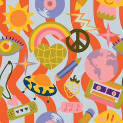 Vector teenage seamless 70s retro pattern hippie