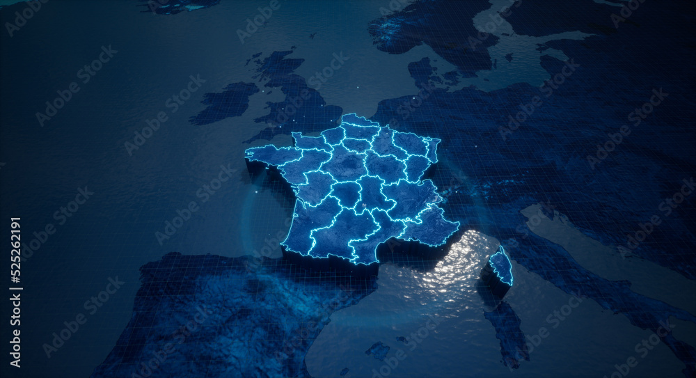 Fototapete abstract geometric futuristic concept 3d map of france with borders as scribble, blue neon style. 3d