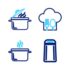 Set line Salt and pepper, Cooking pot, Chef hat with fork spoon and icon. Vector
