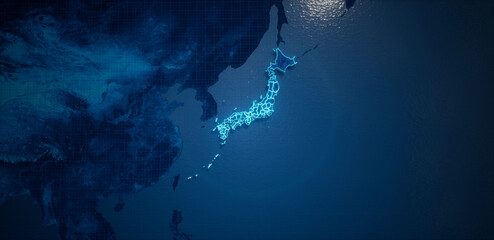 Abstract  geometric futuristic concept 3d Map of Japan with borders as scribble,  blue neon style. 3d rendering