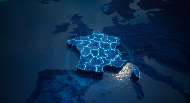 Abstract  geometric futuristic concept 3d Map of France with borders as scribble,  blue neon style. 3d rendering