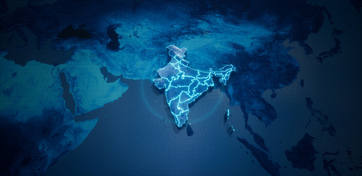 Abstract  geometric futuristic concept 3d Map of India with borders as scribble,  blue neon style. 3d rendering