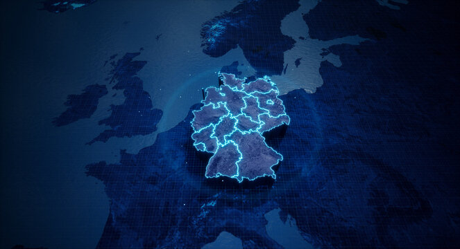 Abstract  geometric futuristic concept 3d Map of Germany with borders as scribble,  blue neon style. 3d rendering
