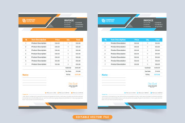 Creative invoice decoration with minimal shapes. Payment receipt and invoice bill template design for corporate business. Print ready billing paper vector with blue and yellow colors.