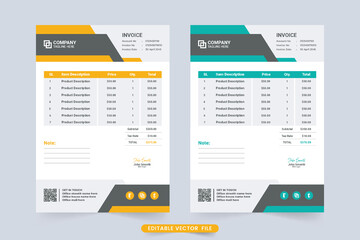 Creative payment receipt template design for corporate business. Print ready invoice vector with yellow and blue colors. Payment agreement and invoice bill template vector with abstract shapes.