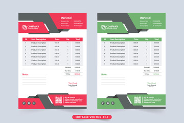 Fototapeta na wymiar Minimal invoice template vector with red and green colors. Print ready professional invoice design for product purchase record. Product price receipt and billing paper decoration with abstract shapes.