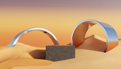 Abstract Dune cliff sand with metallic Podium stand platform. Surreal Desert natural landscape background. Scene of Desert with glossy metallic arches geometric design. 3D Render.