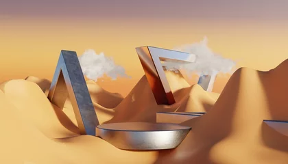 Fototapeten Abstract Dune cliff sand with metallic Podium stand platform. Surreal Desert natural landscape background. Scene of Desert with glossy metallic arches geometric design. 3D Render. © TANATPON