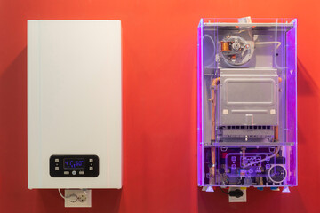 Convection gas double-circuit boiler.
2 models on the stand, one of which is presented in a section, to demonstrate the internal structure and internal equipment