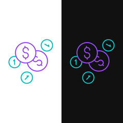 Line Coin money with dollar symbol icon isolated on white and black background. Banking currency sign. Cash symbol. Colorful outline concept. Vector