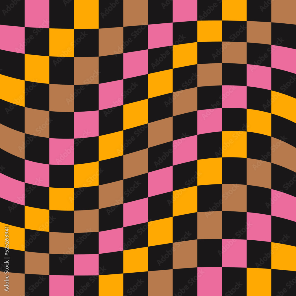 Poster Twisted checkered colorful background. Abstract vector seamless pattern. Retro wavy psychedelic checkerboard