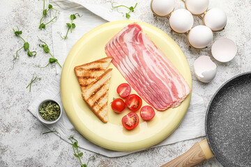 Composition with ingredients for preparing tasty fried eggs on light background