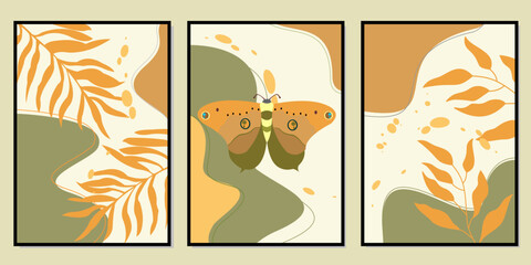 set of aesthetic wall decor designs. brown background with butterfly and leaf silhouettes