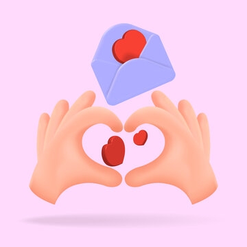3d vector icon of a hand and an open envelope,
 a post letter with a red heart.
Illustration for romantic design.