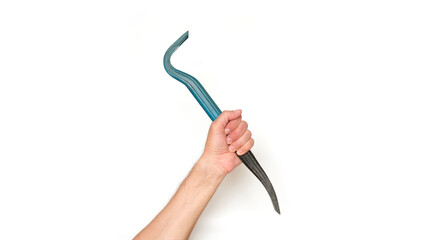 Male hand holding a crowbar nail puller on a white background