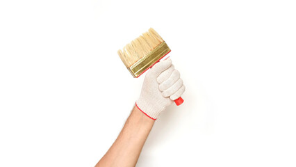 Male hand in a white glove holding a paint brush on a white background