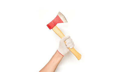 Male hand n a white glove holding an axe with wooden handle on a white background