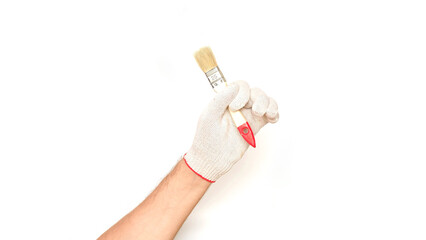 Male hand in a white glove holding a paint brush on a white background