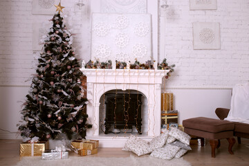 New Year's interior for a home or studio with a fireplace and a Christmas tree