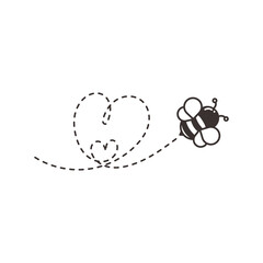 Bee flying path Vector bee flying in a heart shaped dot line Isolated on white background.