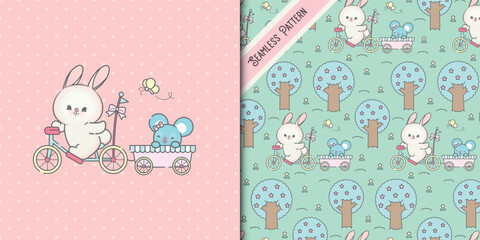 cyclist bunny and mouse with cute seamless pattern