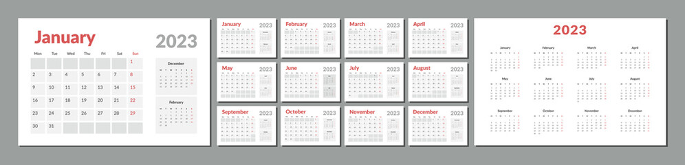 2023 Calendar Planner Template. Vector layout of a wall or desk simple calendar with week start monday. Calendar grid in grey color for print - obrazy, fototapety, plakaty