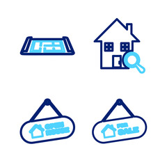 Set line Hanging sign with For Sale, Open house, Search and House plan icon. Vector