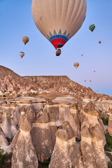 Fototapeta na wymiar Balloons in rose valley, Cappadocia. Flights in Goreme. Turkey