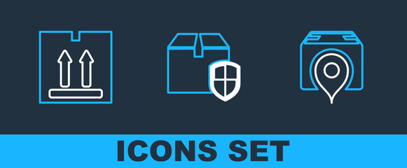 Set line Location with cardboard box, Cardboard traffic and Delivery security shield icon. Vector
