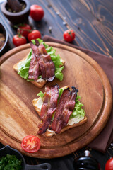 French toasts with cream cheese, salad and bacon