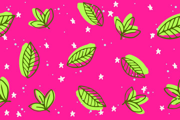 Seamless pattern, floral childish textile. Background with green leaves on pink background and stars for fabric, wrapping paper, bed linen, home decor, print