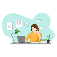 Woman working with a computer, in a home office, a student. Vector illustration in a flat style.