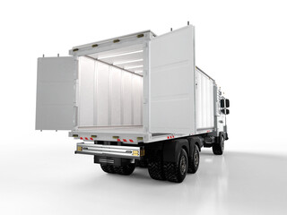 Logistic trailer truck or lorry with container opened on white background © phonlamaiphoto