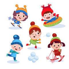 Cute children go skiing, tubing, throwing snowballs. Winter holiday. Set of funny cartoon characters on a white background. Vector illustration.