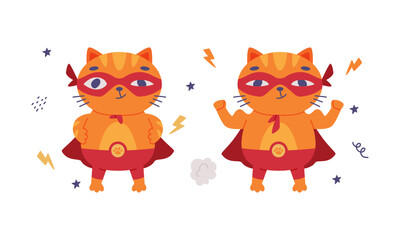 Cute red cat superhero. Funny kitten pet animal character in red mask and cape cartoon vector illustration