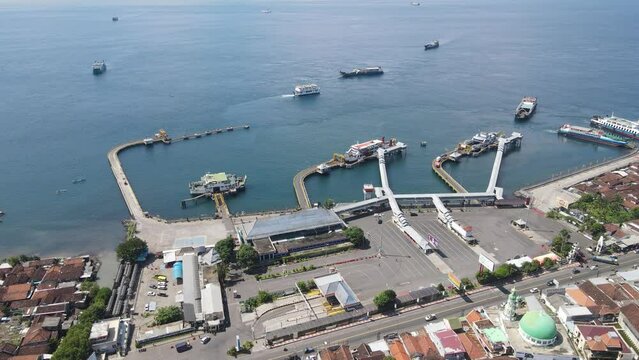 Aerial view of Port in Banyuwangi Indonesia with ferry in Bali Ocean