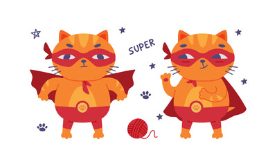 Cute super cat. Funny red kitten character in red mask and cape cartoon vector illustration