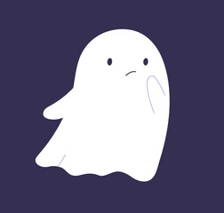 Cute boo character in bad mood. Kids Halloween ghost silhouette floating. Creepy spook. Helloween phantom with puzzled thoughtful face expression, emotion. Isolated childish flat vector illustration