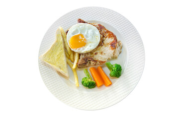 Die cut of meat Steak with french fries, fried eggs, toast on white plate, on white isolated.