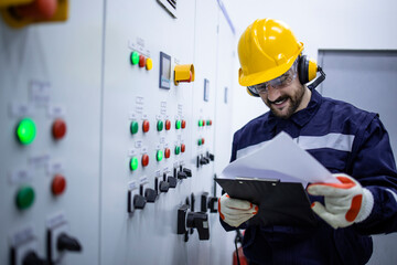Electrical engineer reading electric scheme and installations in factory.