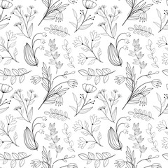 Floral seamless pattern in black and white line style. Doodle flowers textile print. Vintage nature graphic. Bell flower, meadow flowers and leaves motif.